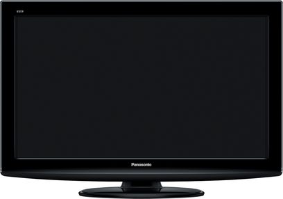 Panasonic TX-L32C20 sort fladskærms-TV, slukket, set forfra med centreret fokus på skærmen, placeret på et stativ