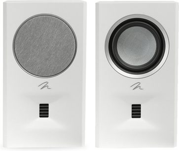 Bipolaire achterluidspreker Motion MP10 mat wit met twee rechthoekige witte eenheden, een zichtbare luidspreker en een cirkelvormige afdekking