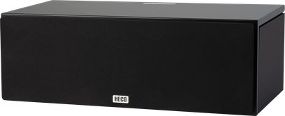 Diffusore centrale Heco AURORA XT Center 30, vista prospettica, parte frontale nera con griglia, logo rettangolare centrato, lati lisci