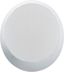 Bowers & Wilkins CCM 817 rund, hvid indbygningshøjttaler, set forfra, med perforeret metalrist dækkende hele overfladen