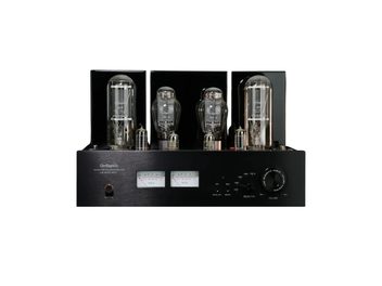 Line Magnetic LM-805IA MKII sort integreret stereo-rørforstærker, forfra set med rør og VU-metre