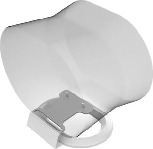 Vit skrivbordshållare i skalform för Sonos Era 300-högtalare, med metallmontering på ovansidan