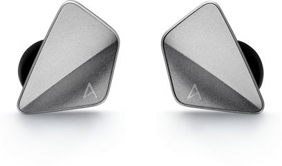 Astell&Kern ZERO 1 in-ear hovedtelefoner med trekantede sølvfarvede kabinetter og synligt A-logo på hver side