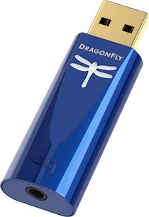 Convertitore audio USB Audioquest DragonFly cobalt blu e oro, vista frontale in prospettiva, formato chiavetta USB