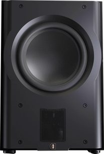 Subwoofer Perlisten R212s, frontvisning, centralt cirkulært højttalerelement, rektangulært nederste gitter, sort finish