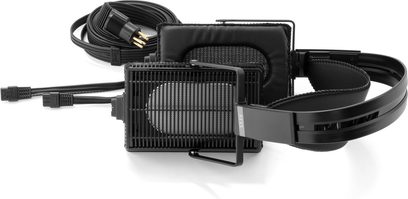 STAX Lambda SR-L500 MK2 svart hörlur, framifrån, med dedikerade kablar och förstärkare