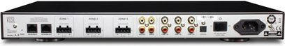 Črn stereo hi-fi ojačevalnik VSSL A.3, sprednji pogled, 5 con, 6 RCA vhodov, 5 zvočniških izhodov, USB vrata, LED zaslon