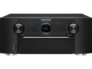 Předzesilovač domácího kina Marantz AV7706 černý, pohled zepředu, čelní panel v černé barvě, modrý displej, 2 otočné ovladače, 1 centrální tlačítko