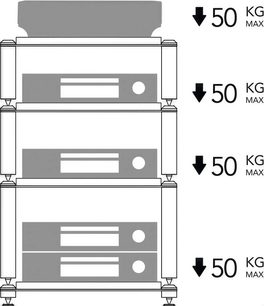 Hi-Fi baldų stovas Norstone Design Copenhagen su stačiakampio formos konstrukcija, 4 viena ant kitos išdėstytomis lentynomis, kūginėmis kojelėmis, kiekvieno lygio apkrova iki 50 kg.
