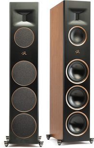 Cassa a colonna MartinLogan Motion XT F200 noce con frontale nero, 4 altoparlanti circolari e lati in finitura legno