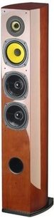 Sloupová reprosoustava Davis Acoustics Sisley v třešňovém provedení, pohled zepředu, se 4 kulatými reproduktory a 1 žlutým tweeterem na dřevěné skříni