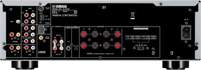 Wzmacniacz hi-fi stereo Yamaha R-S700 w kolorze srebrnym, widok z przodu, przednia część z przyciskami, gniazdami i wyświetlaczem