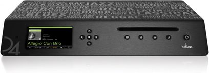 Olive 4HD netværksaudioafspiller i sort set forfra, front i børstet aluminium med LCD-skærm og kontrolhjul