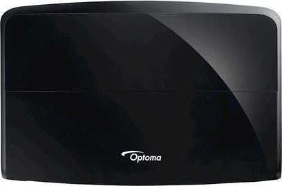 Optoma UHZ65 sort videoprojektor, set forfra, rektangulær afrundet form, hvidt "Optoma"-logo i midten