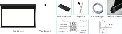 Motorizuotas Lumene Coliseum UHD 4K8K PLATINUM 270C projekcinis ekranas su įrengimo schema ir montavimo priedais