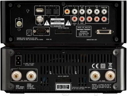 Mini sistema hi-fi Harman Kardon MAS 101 visto da davanti e da dietro, facciate nere con pulsanti e connettori argentati