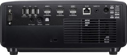 Sort Optoma UHZ58LV-projektor i plast, bagfra, 3 HDMI, USB, RJ-45, audio, S/PDIF, stor grill/grille