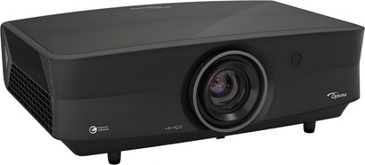 Videoproiettore Optoma UHZ68LV nero con lente circolare centrale, griglie laterali, piedini regolabili e loghi visibili
