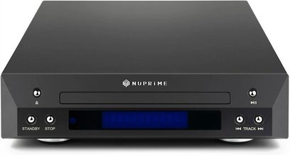 Nuprime CDT-10 sort CD-afspiller, frontvisning, mat sort front med blå display, sølvfarvede knapper på forsiden
