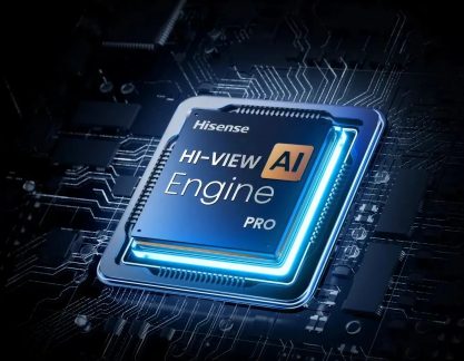 Blå Hisense HI-VIEW AI Engine Pro-chip i nærbillede på sort elektronikkort