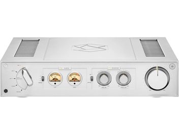 Стерео интегриран hi-fi усилвател Rose RA280 в сребристо, преден панел с голям бутон за сила на звука, кръгли VU индикатори и селектор на входовете