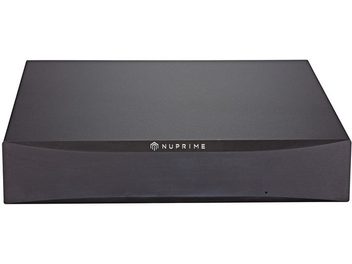 Czarny wzmacniacz mocy hi-fi Nuprime STA-9, czarna matowa obudowa o prostokątnym kształcie, widok z przodu