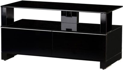 Sonorous MD7095 sort blank lyd- og videomøbel, set forfra, 2 åbne rum, 1 midterskuffe, øverste hylde i glas