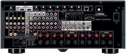 Yamaha RX-A3040 sort hjemmebiografsforstærker, frontpanel, mange stik og knapper, central LCD-skærm, titaniumfinish
