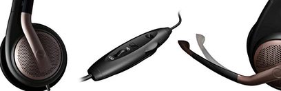 Sennheiser PC163D sort hovedtelefon, set fra siden og forfra, runde ørepuder, indtrækkeligt mikrofon, sort kabel