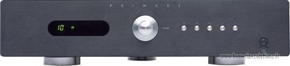 Primare I21 stereoforstærker set forfra, antracitgrå front, grønt display, knapper og stik i børstet aluminium