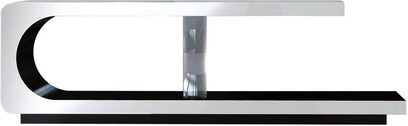 Sort og hvid TV-møbel med glasreol, buet front og integreret LED-belysning på højre side