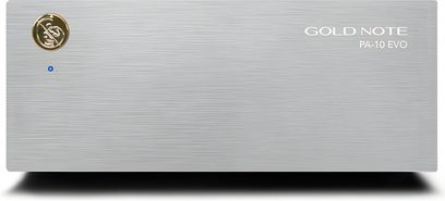Amplificatore di potenza Gold Note PA-10 EVO argento, frontale in alluminio spazzolato con logo dorato e spia LED blu