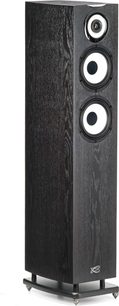 Cabasse Java MC40 black ebony column speaker with wood finish, 3 circular white and black speakers on the front panel