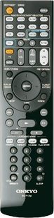 Sort Onkyo RC-707M fjernbetjening til TX-SR706 hjemmebiografsforstærker, mange multifunktionsknapper, forfra
