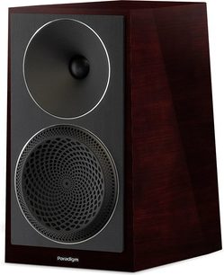 Paradigm Founder 40B bookshelf speaker in dark cherry wood, front view, black speakers, silver tweeter, wooden enclosure
