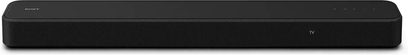 Barra de sonido Sony HTS2000 negra, vista frontal, forma rectangular, esquinas redondeadas, superficie superior lisa, botones visibles