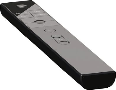 Michi X5 Series 2 integreret stereo hi-fi forstærker, sort rektangulær fjernbetjening, grå knapper, perspektivvisning