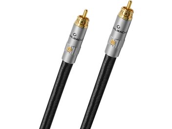 Kabel til subwoofer Oehlbach Sub Xtreme 4,4 m sort med flettet kappe, grå RCA hanstik i aluminium med guldbelagte kontakter, close-up visning