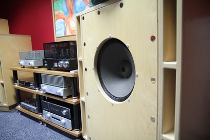 Sort akustisk højttaler med central cirkulær højttalerkerne, på træhylde med hi-fi-lydudstyr
