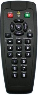 Télécommande noire Optoma EX330 avec 28 boutons ronds et rectangulaires gris et 3 boutons rouges, verts et orange en haut