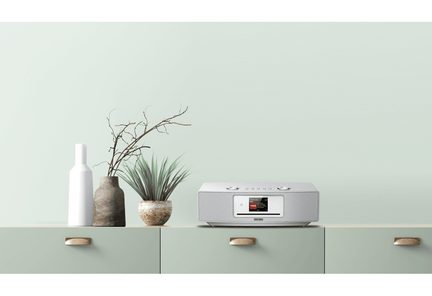 Forfra, grå digital radio, fargeskjerm, knapper på toppen, plassert på et grønt møbel, 3 vaser, plante