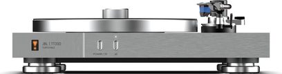 JBL TT350 pladespiller i børstet aluminium, set forfra, med tonarm, pickup og frontbetjeningsknapper