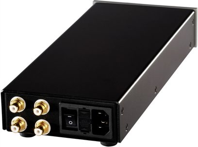 Preamplificator pentru căști Lehmann Audio Linear negru, vedere frontală, 4 conectori RCA aurii, comutator, mufă pentru căști, carcasă neagră