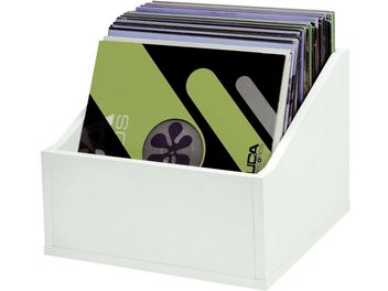 Vit vinylförvaring, perspektivisk framifrånvy, innehållande vinylskivor i färgglada omslag