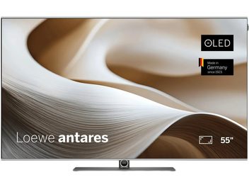 Loewe Antares 55-tolline OLED-teler, hõbedane lameekraan mustal ja hallil keskjalal