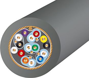 Tverrsnitt av en grå rund kabel som viser 19 fargede elektriske ledere arrangert i konsentriske sirkler
