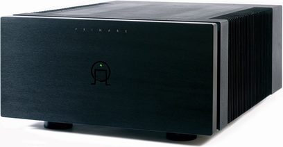 Primare A32 black power amplifier, front view, brushed aluminum front panel, central rotary knob, logo in bottom right corner