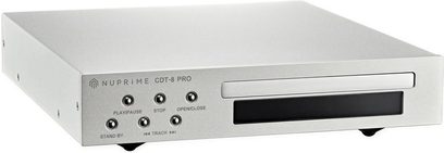 Lettore CD Nuprime CDT-8 Pro argento, pannello frontale con pulsanti di controllo, cassetto CD e display digitale