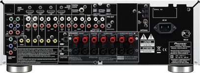Pioneer VSX-919AH hjemmebiografsforstærker, frontpanel, frontvisning, mange stik og knapper, digitalt display