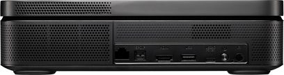 Optoma Photon Go-projektor set bagfra med perforerede gitre, Ethernet-porte, SPDIF, HDMI, USB, USB-C, tænd/sluk-knap og IR